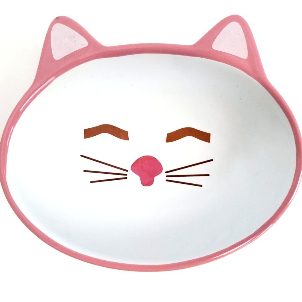 Petrageous Oval Sleepy Kitty Stoneware Cat Bowl 5.5" W x 1.5" T Pink/White EUC